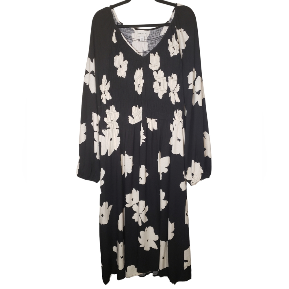 Ava & Viv Womens Black White Floral Maxi Dress V-Neck Balloon Sleeve Size 2X